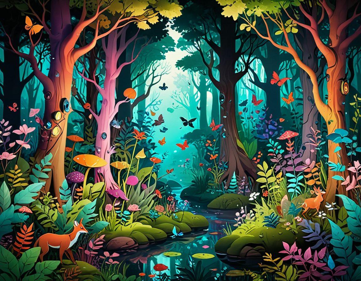 A captivating blend of vibrant colors illustrating a fantastical forest filled with playful, whimsical creatures, subtly hinting at adult themes through tasteful expressions and imaginative artistry. Floating panels showcasing scenes from animated comics emerge from the foliage, creating a sense of depth and exploration. The atmosphere is lively and enchanting, inviting the viewer to lose themselves in this lush, wild world. vibrant colors. 3D. surrealistic.